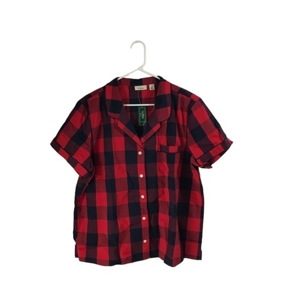 LL bean Springtime sleep PJ shirt red black plaid size large - Picture 1 of 4